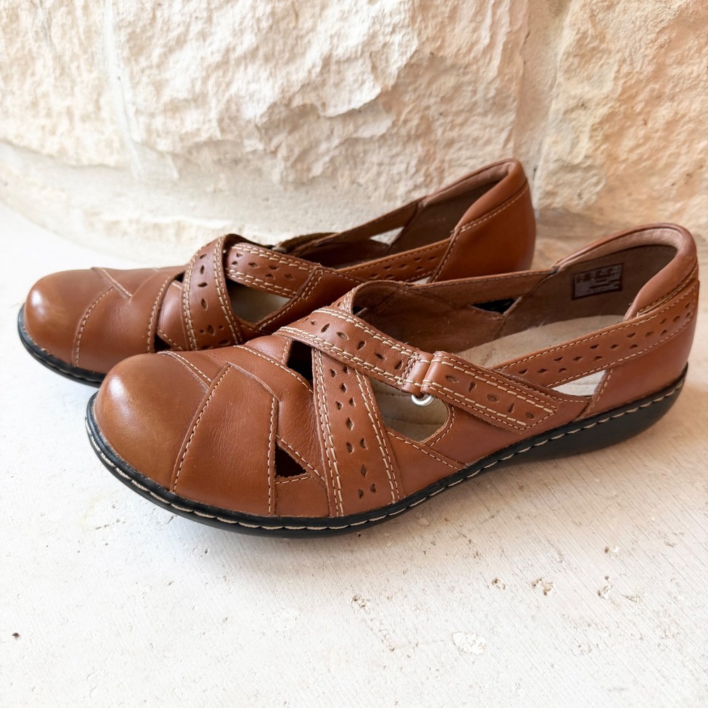 Clarks Collection Ashland Spin Flats Brown Leather Ultimate Comfort Mary Jane 10